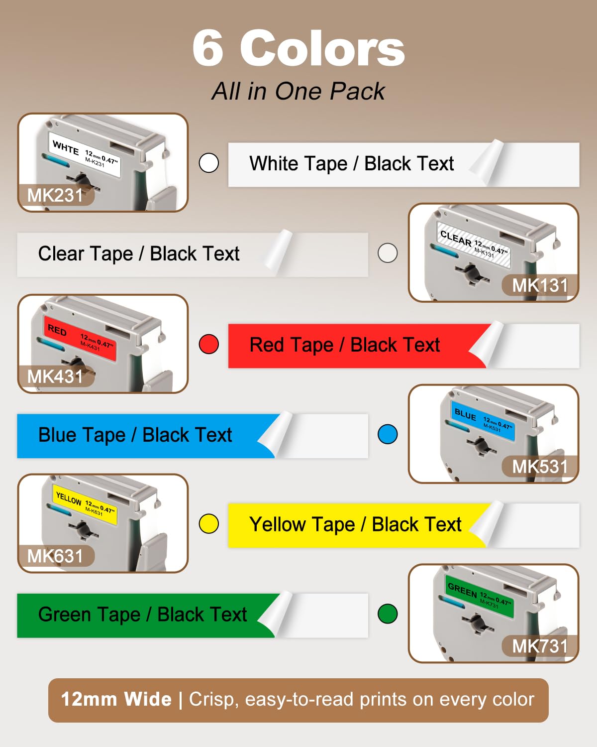 Weemay Color M Tape Compatible for Brother Label Maker 12mm 0.47 M-K231S