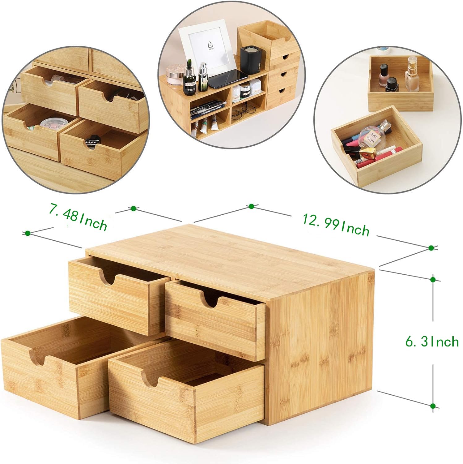 Bamboo Desk Drawer Organizer, Desktop Organizer with Drawers T(4 Drawes)