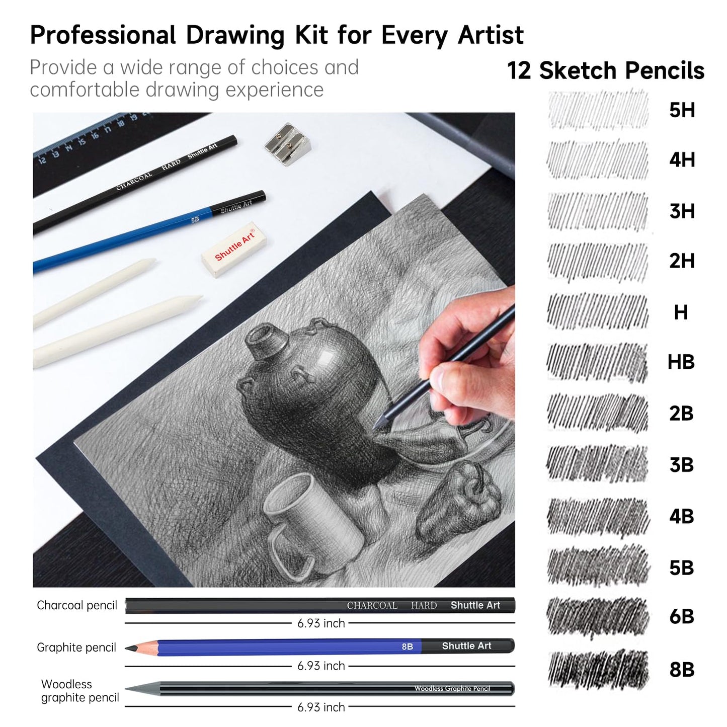 Shuttle Art Sketching and Drawing Pencils Set, 37-Piece Professional Sketch Pencils Set in Zipper