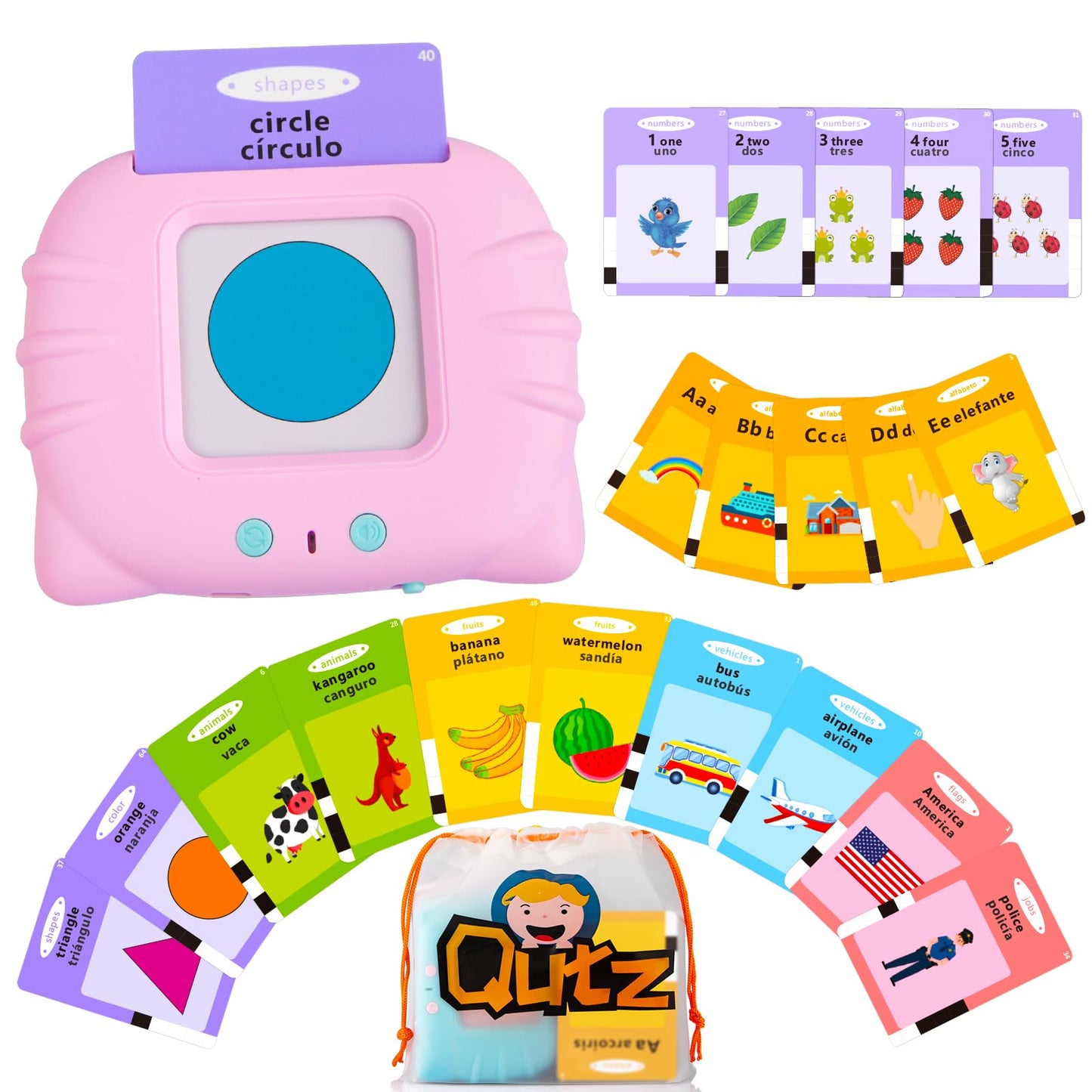 QuTZ ABC Learning Flash Cards for Toddlers 2-4 Bilingual Spanish English, Autism Toys, Speech