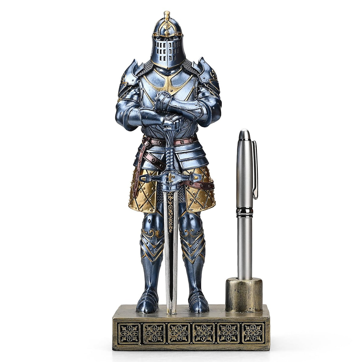 Amoysanli Knight Statue Resin Pen Stand Resin Fountain for Men Blue