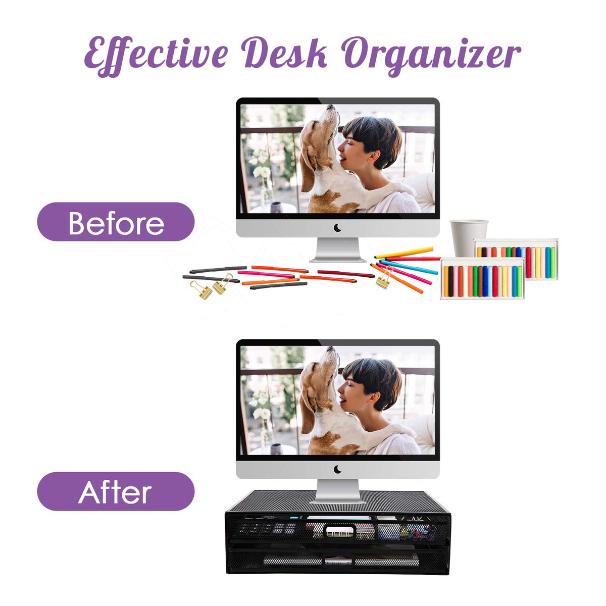AEGISMILE Desktop Monitor Stand Riser with Drawer Metal Mesh Computer Desk Organizer with Dual Pull