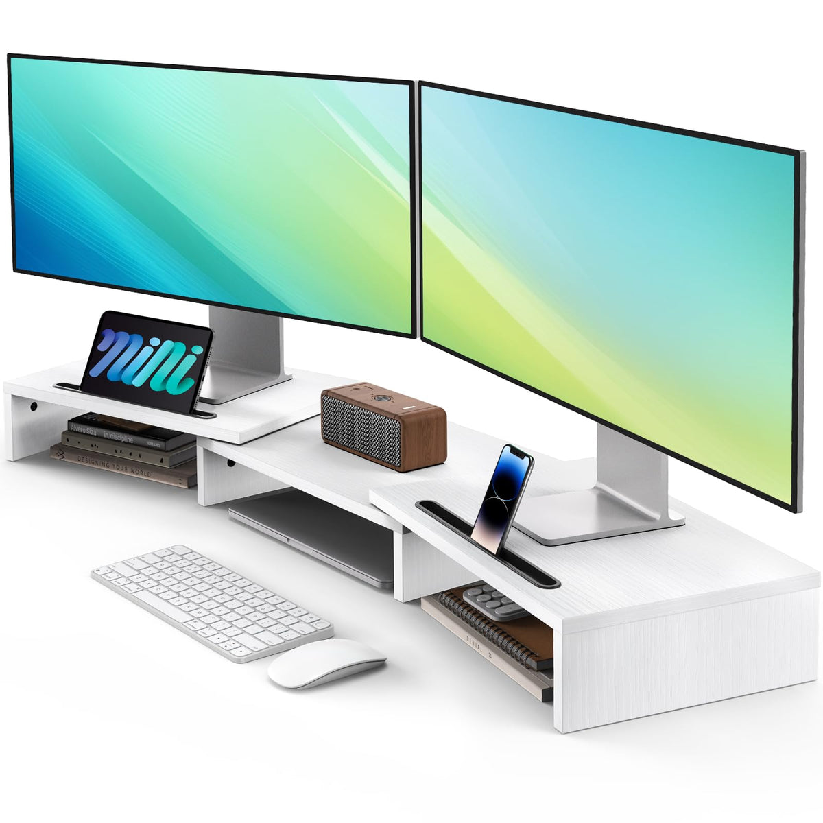 AMERIERGO Dual Monitor Stand Riser- 3 Shelf Screen Stand with Adjustable Length and Angle, 2 Extra
