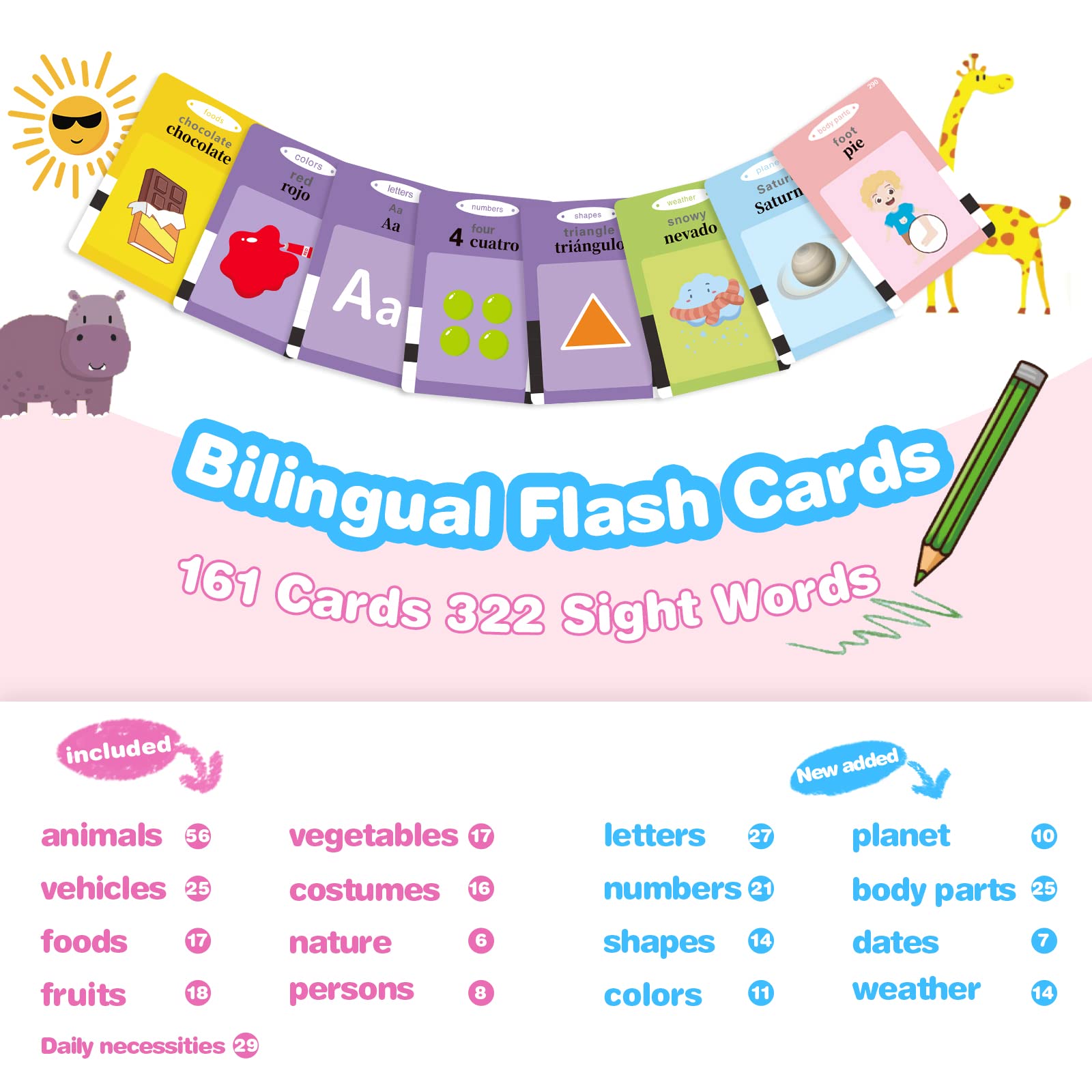 TimingSXD 161 Cards Spanish Flash Cards for Kids,Bilingual Flash Cards for Toddler/Beginning