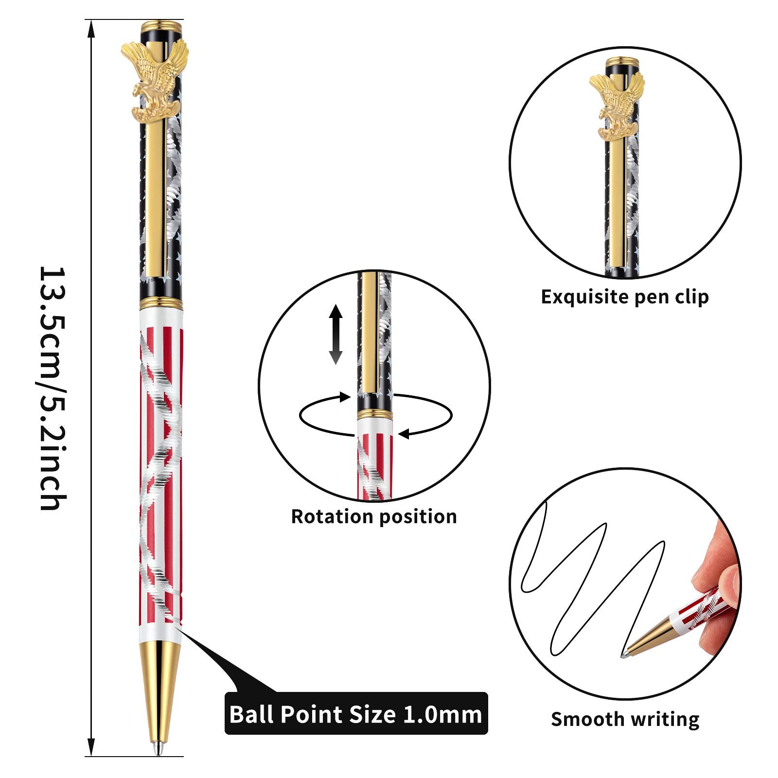 Zonon 12 Pcs Patriotic Ballpoint Pens, Black Ink, Gold, Black Refills