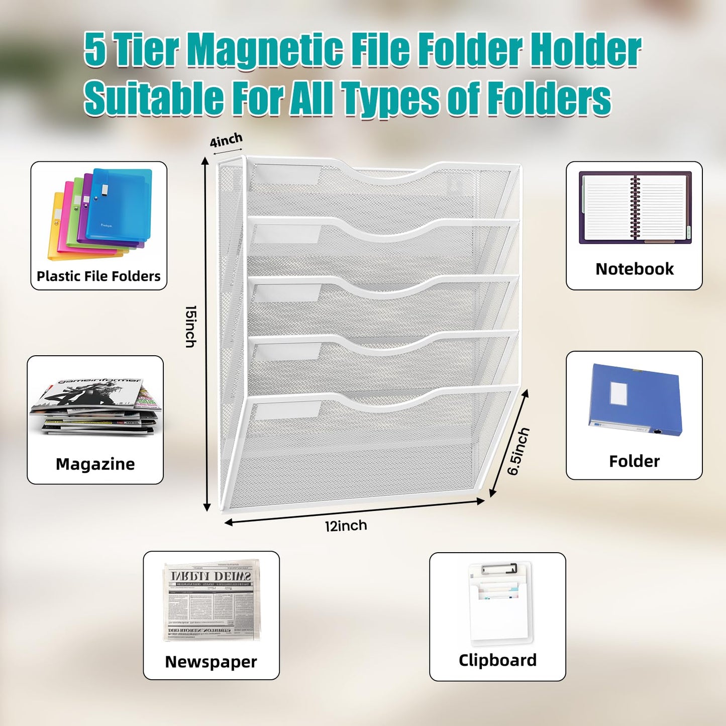 LQPAFZ 5-Tier Magnetic File Organizer, No Drilling Installation, White Magnetic Paper Holder