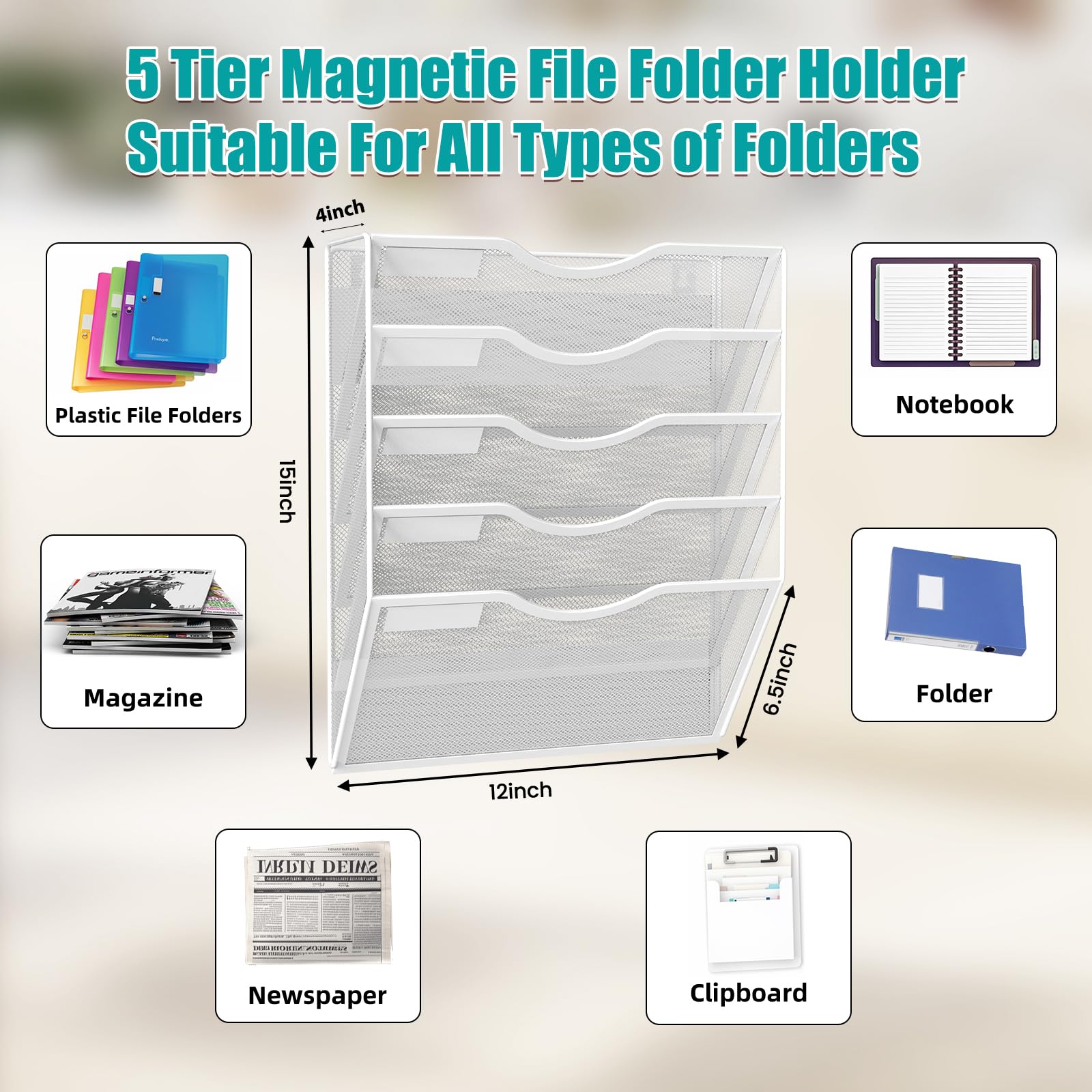 LQPAFZ 5-Tier Magnetic File Organizer, No Drilling Installation, White Magnetic Paper Holder