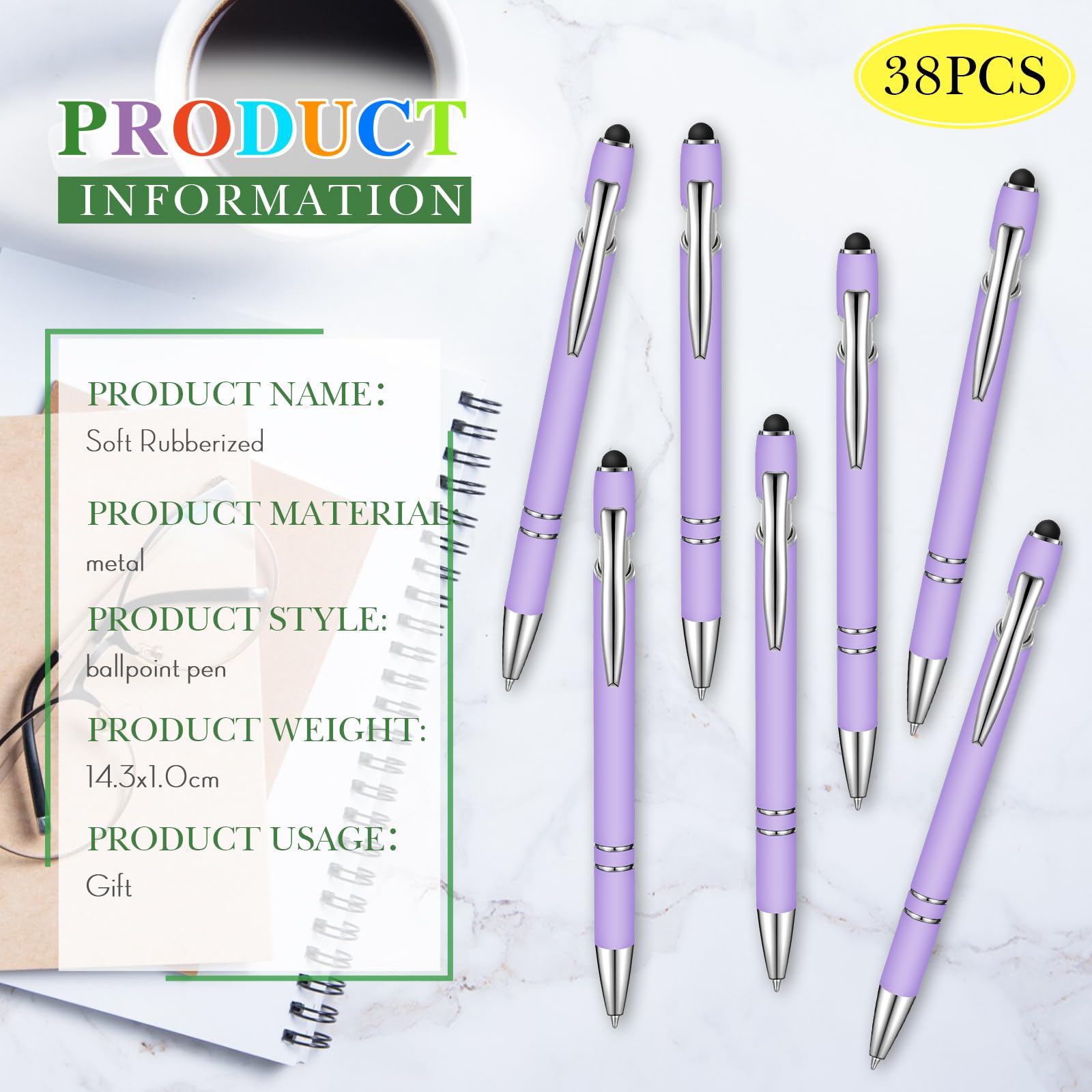 Zonon 38 Pcs Stylus Ballpoint Pens, Metal Rubberized Grip, Purple
