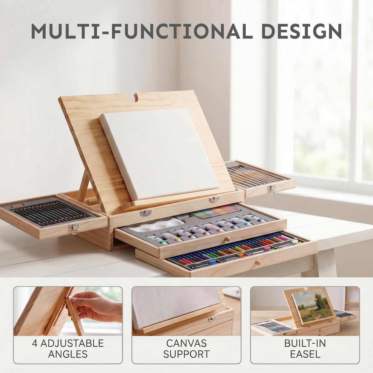 TMOL 85 Piece Deluxe Wooden Art Supplies, Art Kit with Easel, Sketching Pencils, Artist Brushes and