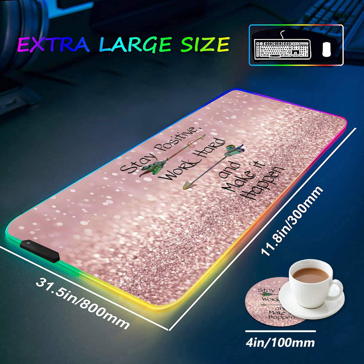 RGB Gaming Mouse Pad with Coffee Coaster, XXL Large Glowing LED Mousepad, Anti-Slip Rubber Base
