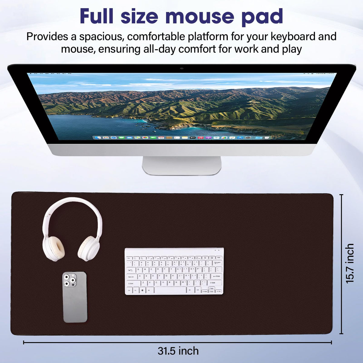 31.5" x 15.7" Waterproof Fabric Mouse Mat, Rubber Anti-Slip Base, Brown