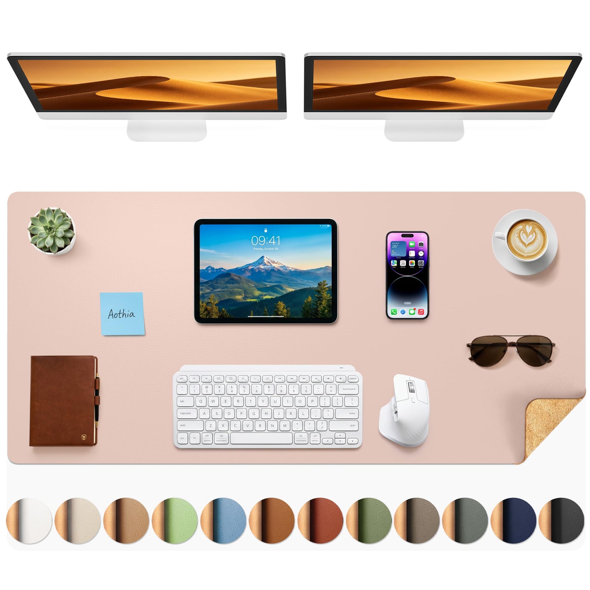Aothia Cork Desk Mat - Dual-Sided Extra Large Desk Pad & Keyboard Mat, Long PU Leather Desk