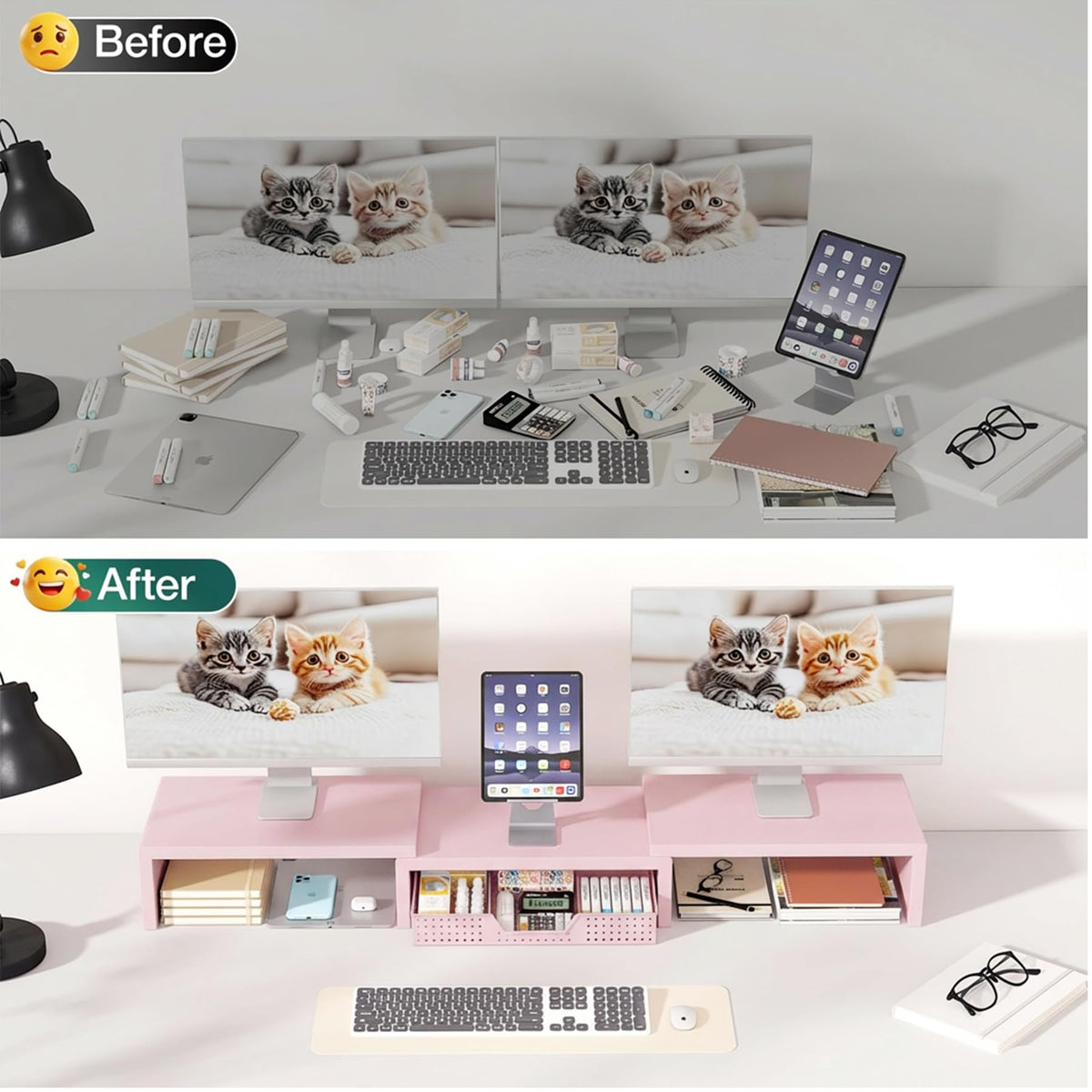 OPNICE Dual Computer Monitor Stand Riser, Desk Organizer with Drawer, Office Desk Accessories &