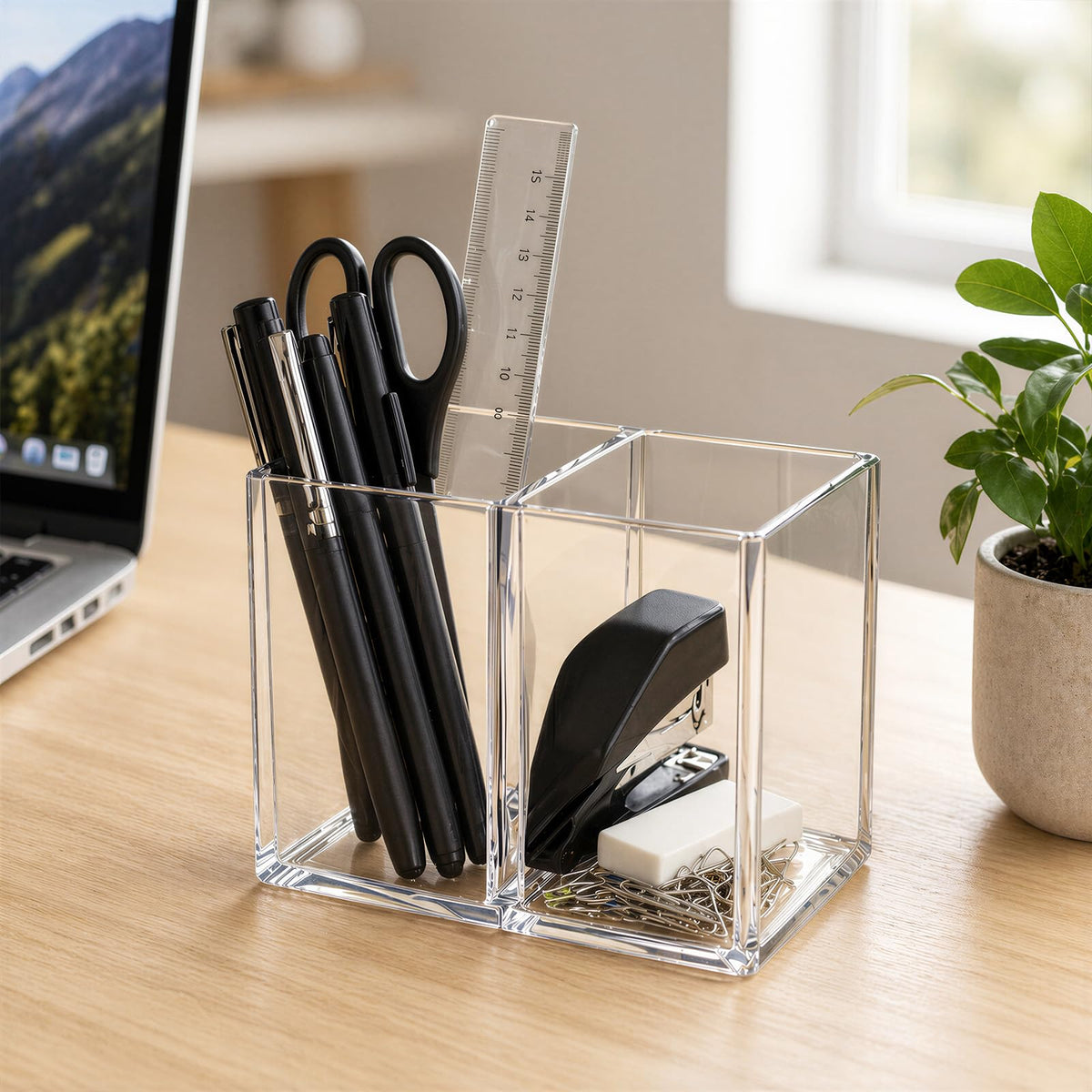 Gejoy 20 Pcs Acrylic Pencil Pen Holder for Desk, Clear 2 Compartment