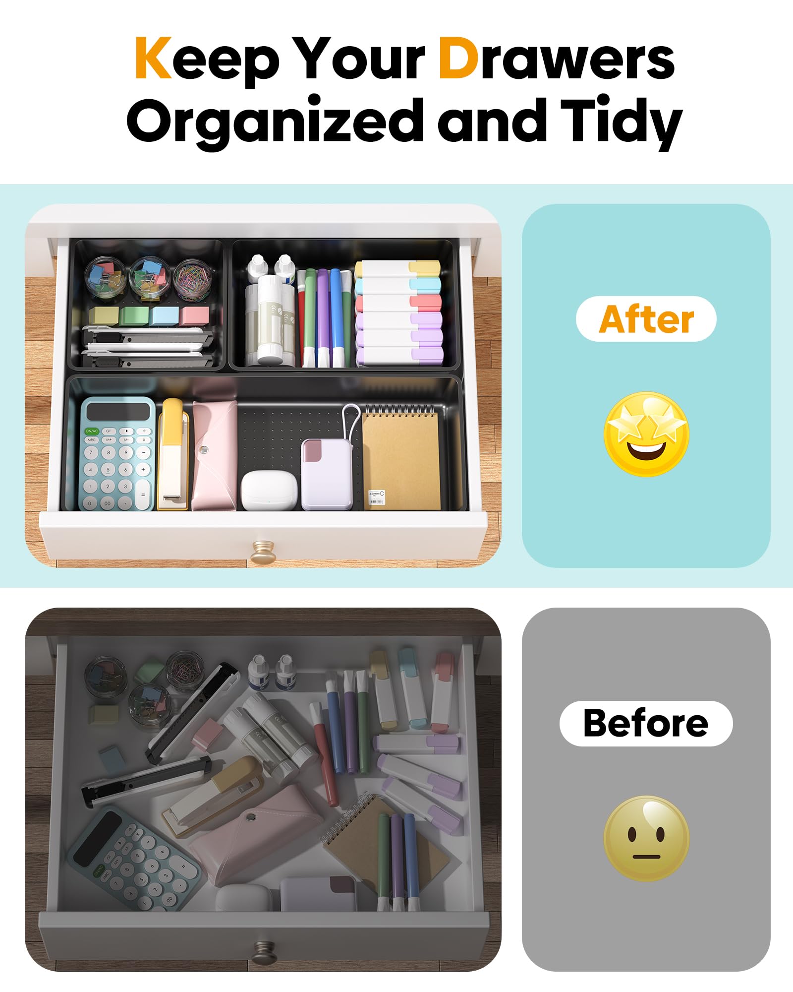 MLIKLU 10 Pack Large Size Plastic Drawer Organizers Set, 3 Sizes Desk Drawer Organizer Trays