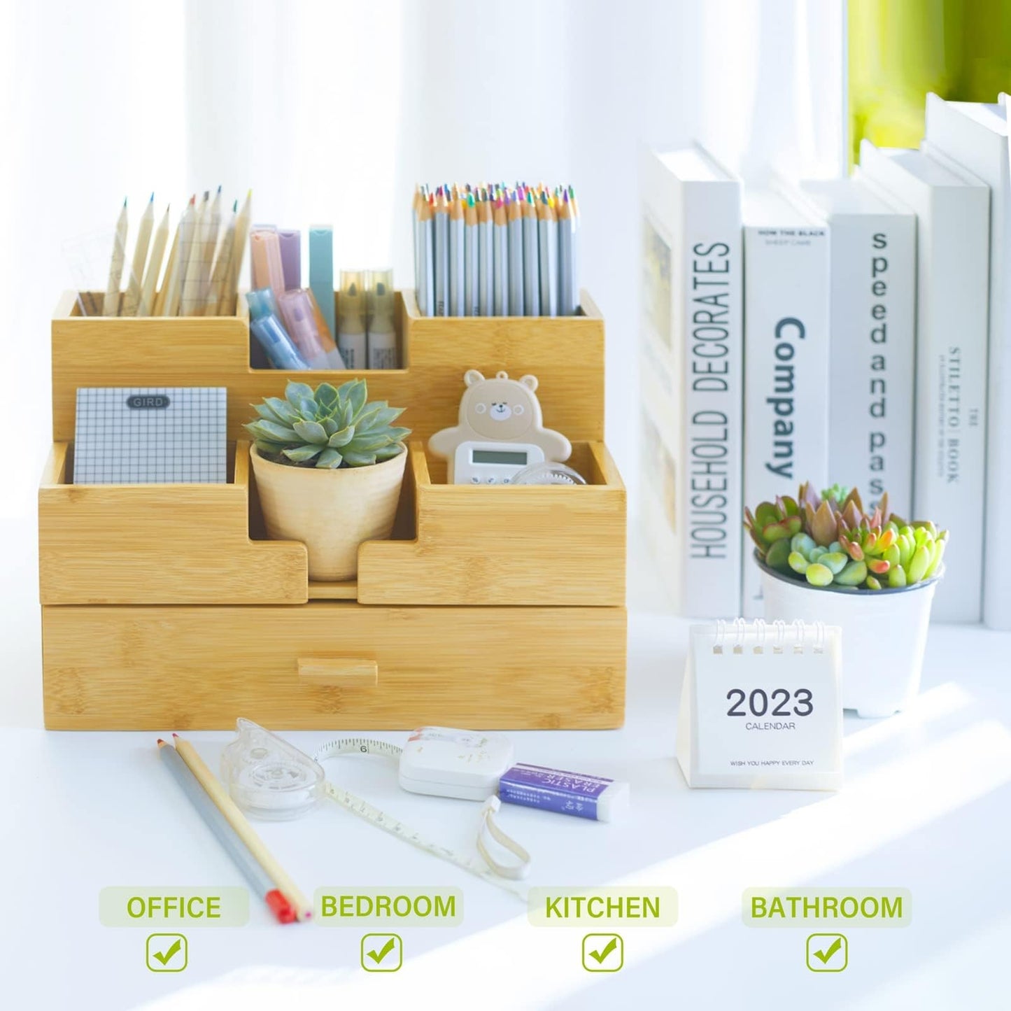 Charmlife Bamboo Desk Organizer - Countertop Drawers Organizer Tabletop Storage Organization Makeup