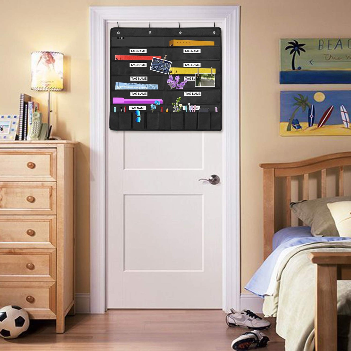 Sinzip Heavy Duty 10 Pocket Door Hanging File Organizer with Name Tag Holders, Black Wall Storage