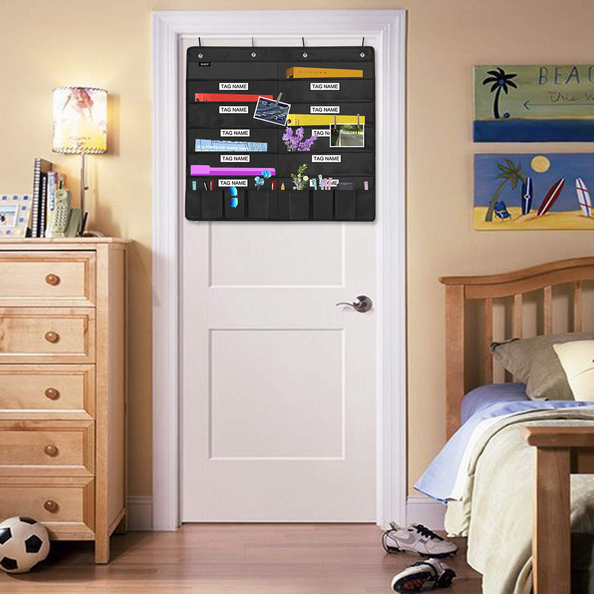 Sinzip Heavy Duty 10 Pocket Door Hanging File Organizer with Name Tag Holders, Black Wall Storage