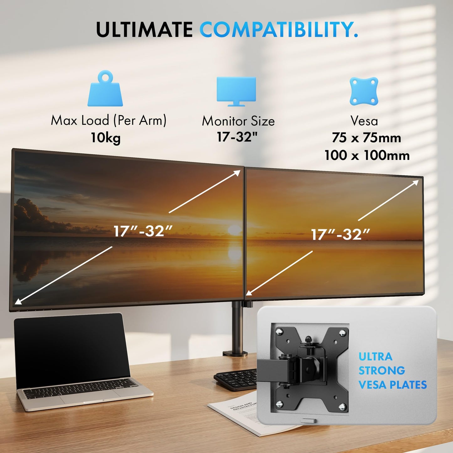 VonHaus Dual Monitor Mount for 13-32” Screens - Double Arm Desk Stand Bracket with Clamp