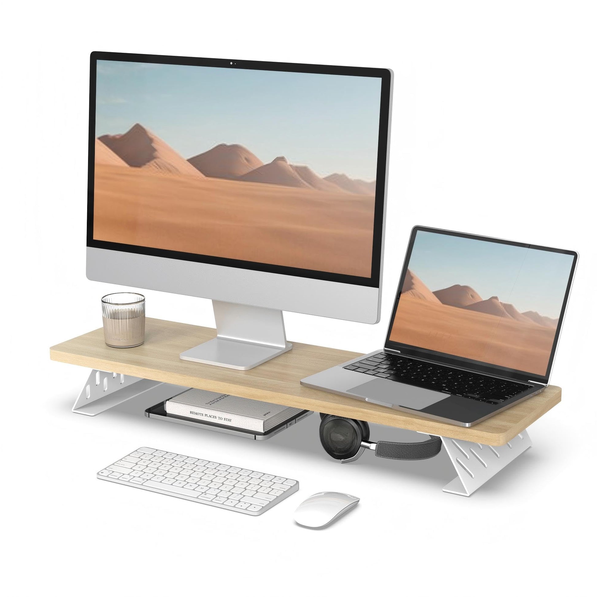 Fenge Monitor Stand Riser, Wooden & Metal Desk Shelf Organizer, Oak