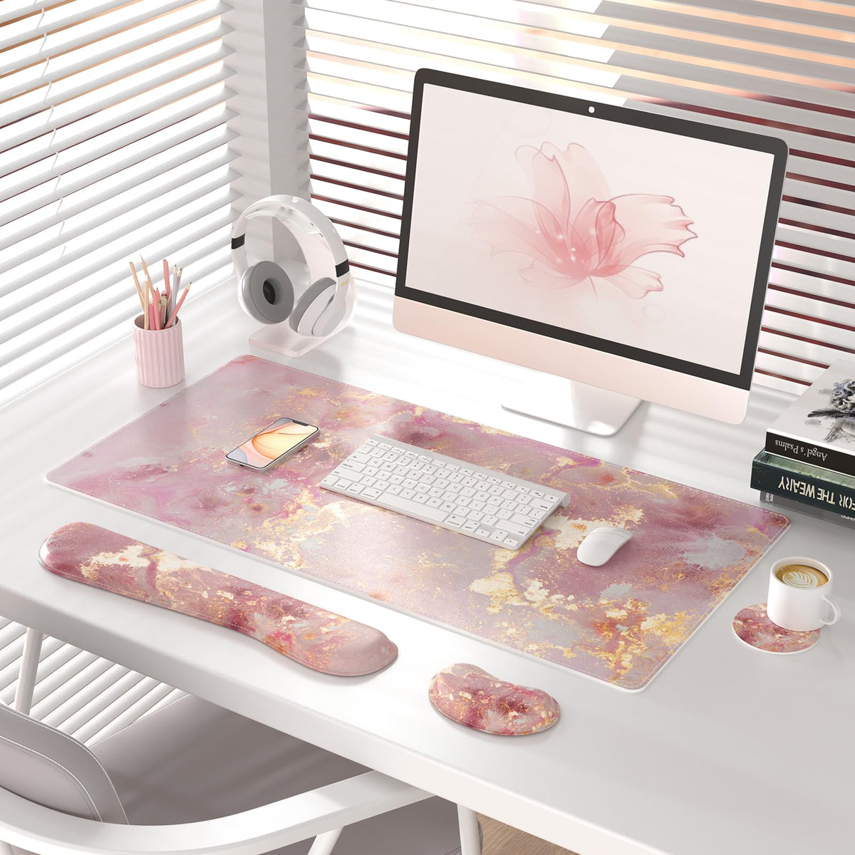 QiyI PU Leather Desk Mat Set, 4-in-1 Ergonomic Wrist Rest, Pink Marble
