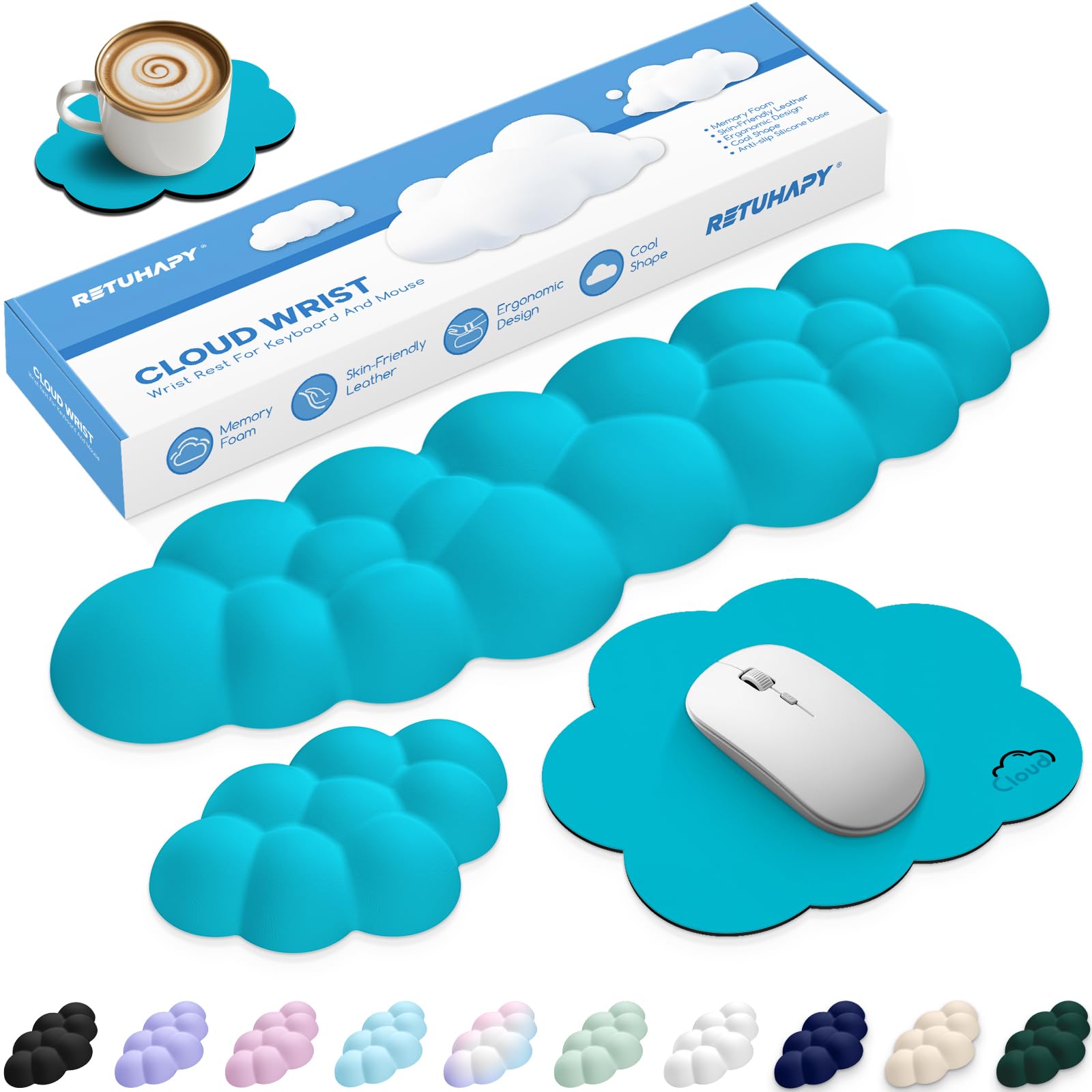 Retuhapy Cloud Wrist Rest Keyboard Cushion and Cloud Mouse Pad, Scuba Blue