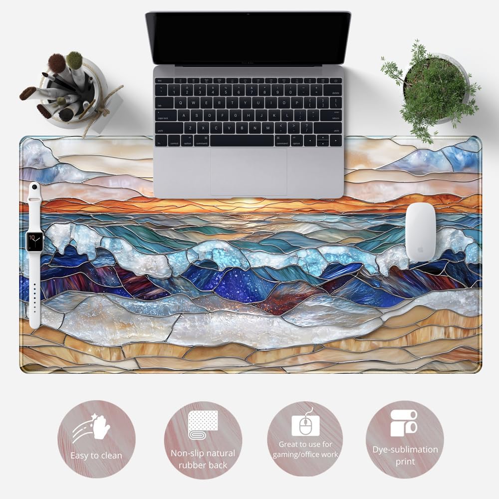 Mountain Sunrise Gaming Mouse Pad Large Desk Mat Extended Mouse and Keyboard Pad, Faux Stained
