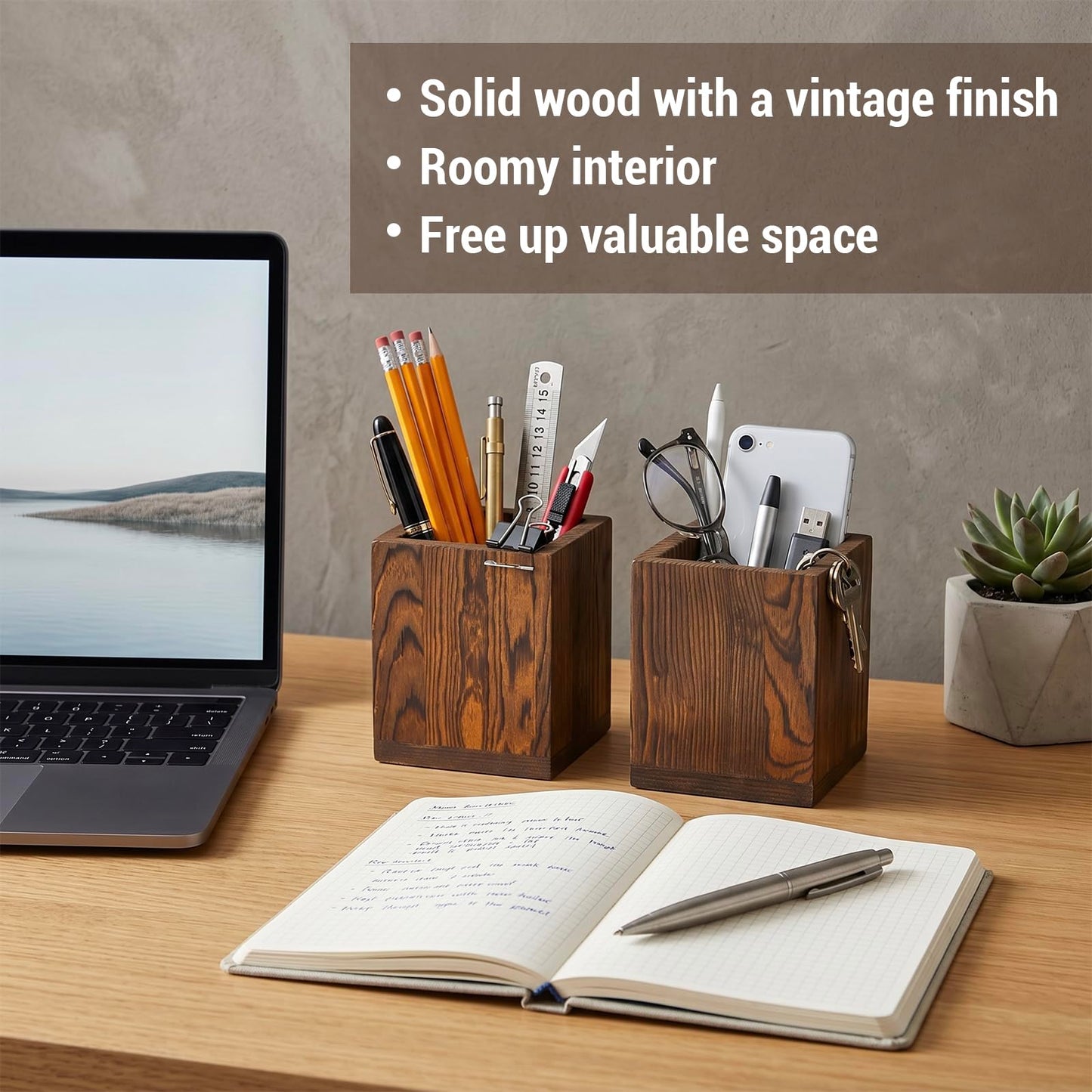 MyGift 2pc Natural Wood Pen Holder Pencil Cup, Desktop Organizer