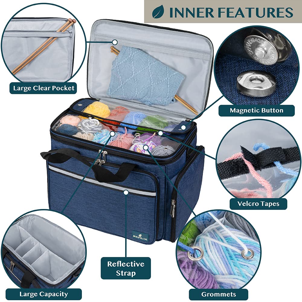 PAVILIA Large Knitting Yarn Storage Bag Crochet Organizer for Knitter, Navy