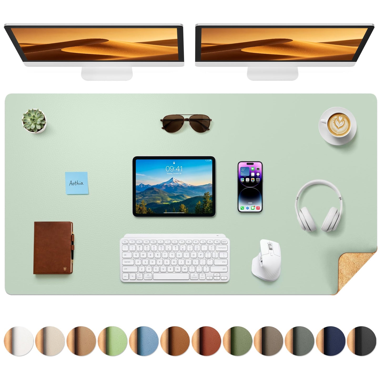 Aothia Cork Desk Mat - Dual-Sided XL PU Leather Desk Pad & Full Desk Protector, Large Waterproof