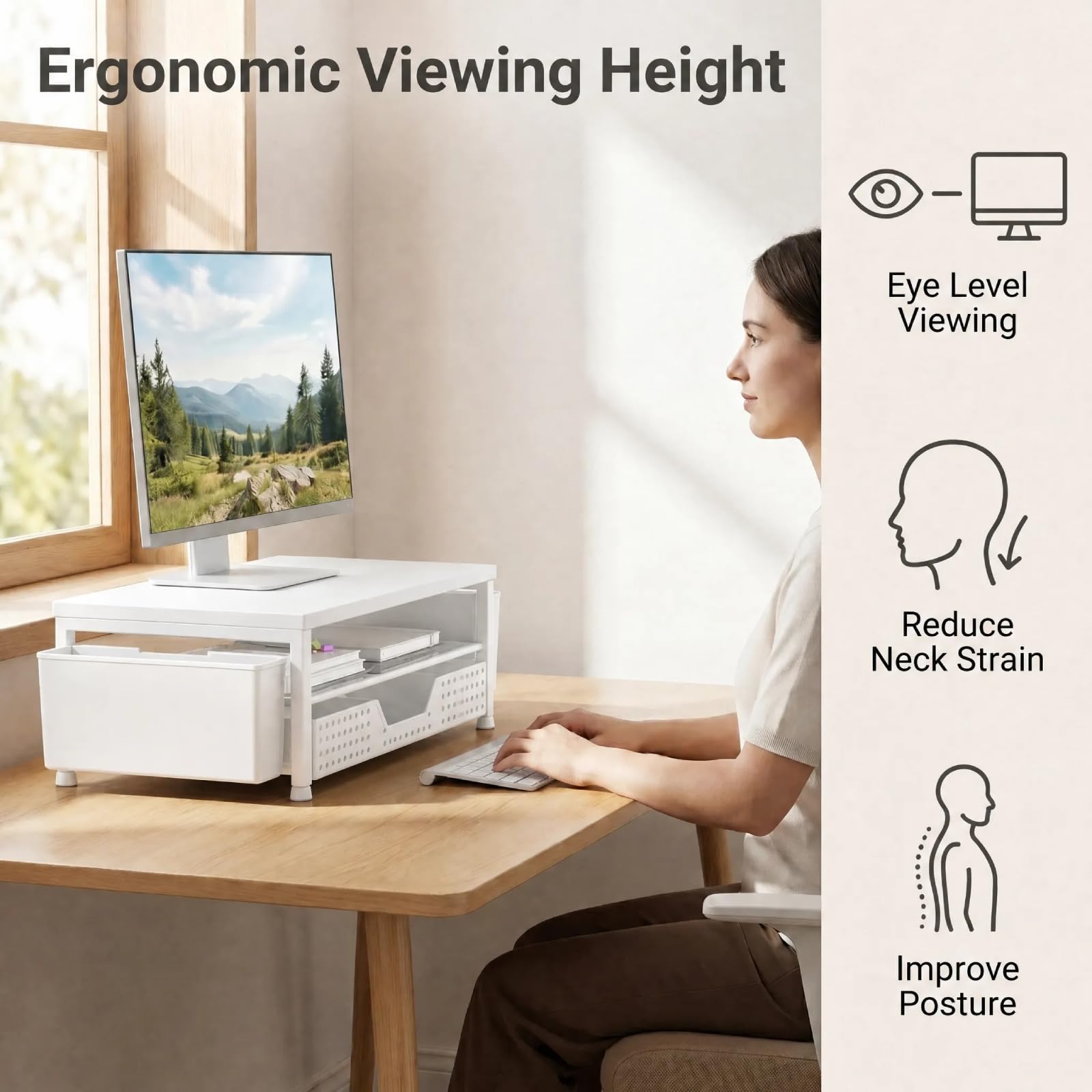 ECOLOVI Desk Organizer and Accessories, 2-Tier Computer Monitor Stand Rise with Storage Drawer & 2