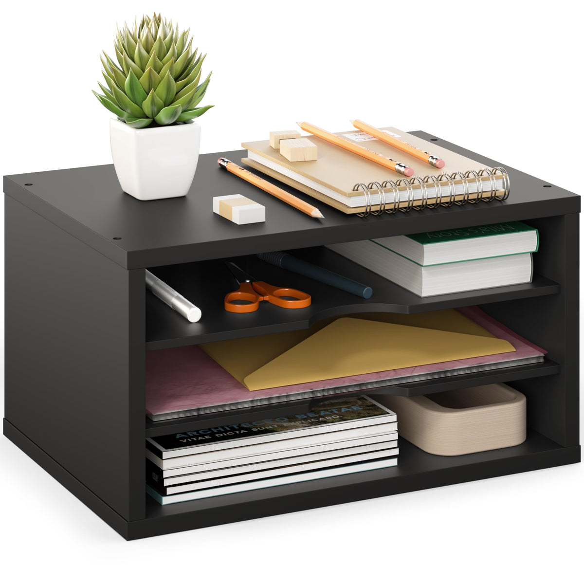 Ballucci File Organizer, 3-Tier Document Paper Sorter, Stackable Wood Desk Organizer, Mail Sorter