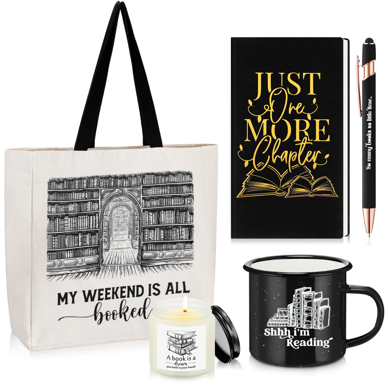 Jetec 5 Piece Book Lovers Set, Canvas Tote Bag Notebook, Candle, Black