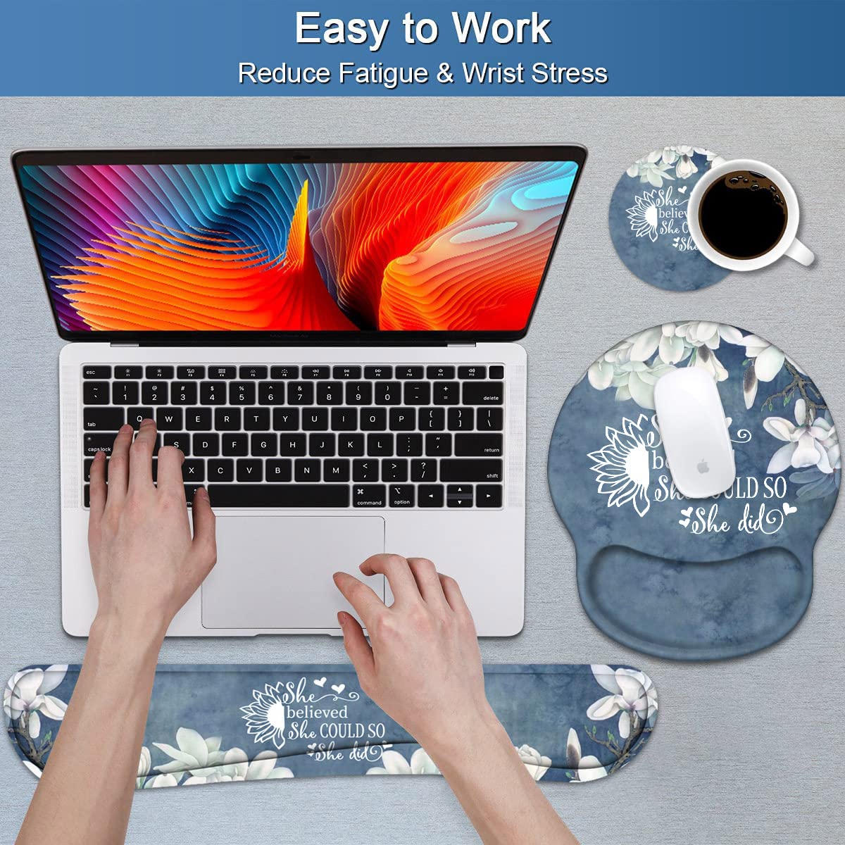 Keyboard Wrist Rest and Mouse Pad Wrist Support Set with Coasters, Inspirational Quote She Believed