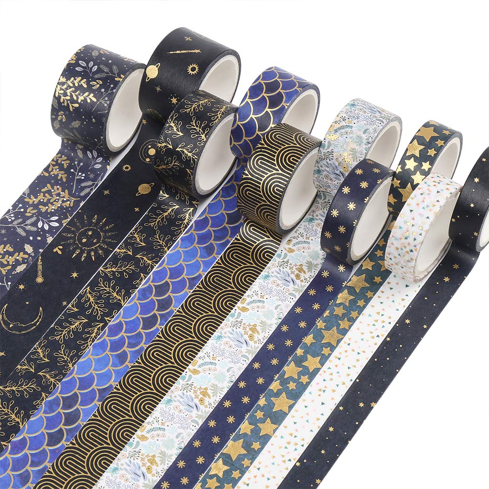CCINEE Black Gold Foil Washi Tape,Floral Decorative Masking Tapes for Bullet Journal Scrapbook