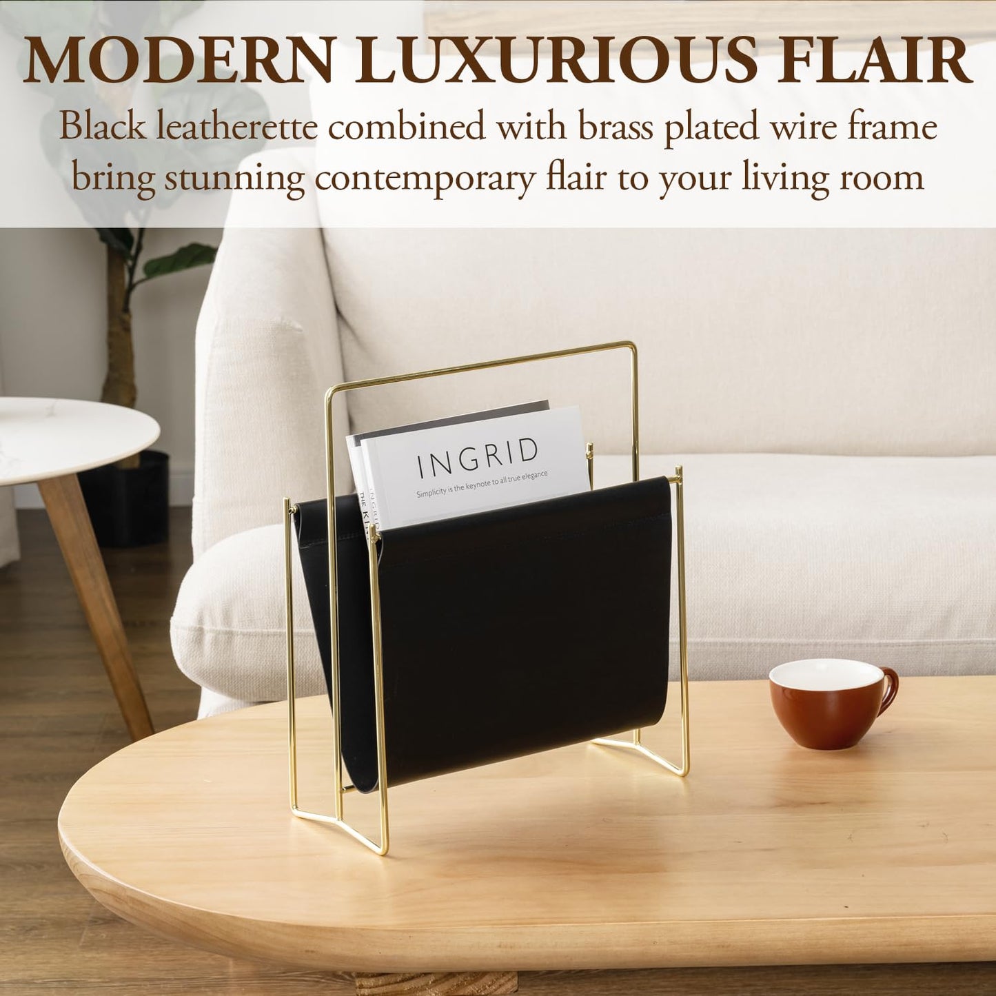 MyGift Black Leatherette Magazine Holder with Gold Metal Frame, 13 Inch
