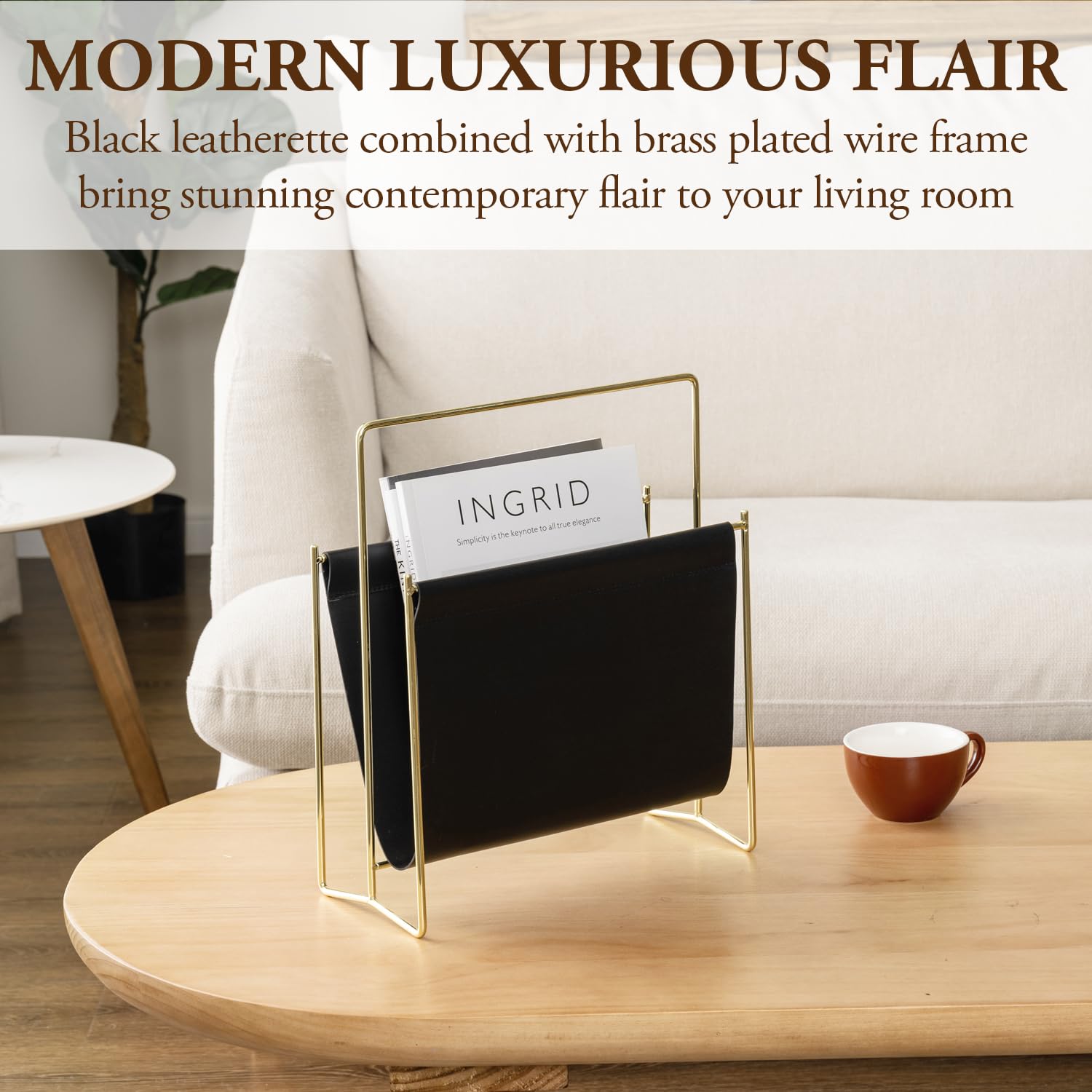 MyGift Black Leatherette Magazine Holder with Gold Metal Frame, 13 Inch