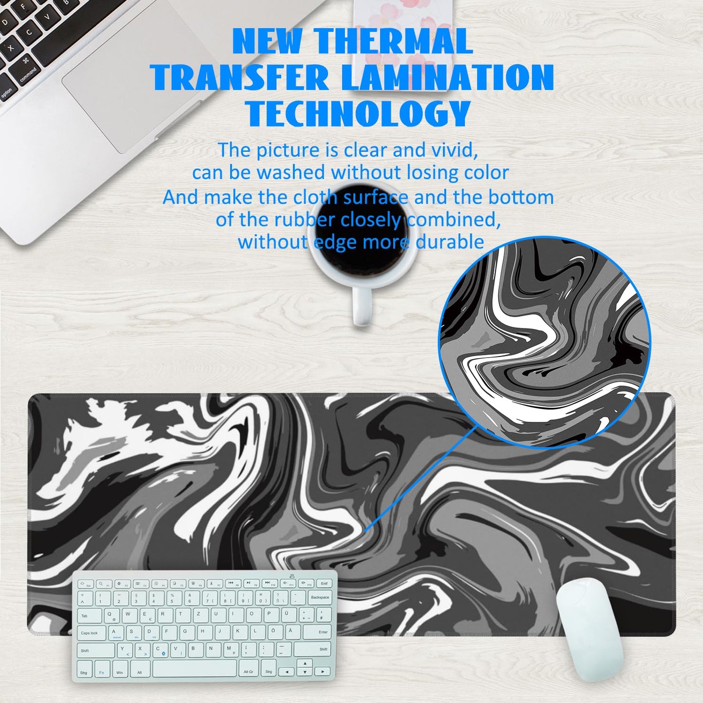 Desk Mat, Abstract Black White Ink Liquid Waves Extended Gaming Mouse Pad Large, 31.5"x11.8" Big