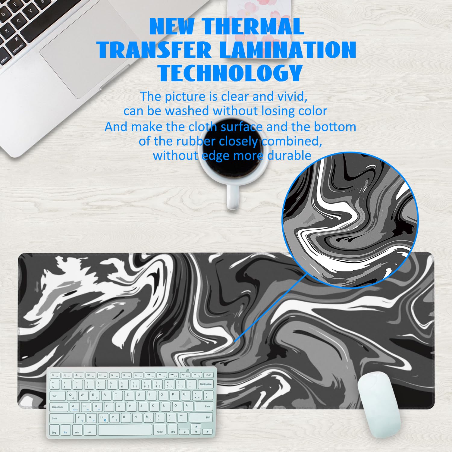 Desk Mat, Abstract Black White Ink Liquid Waves Extended Gaming Mouse Pad Large, 31.5"x11.8" Big