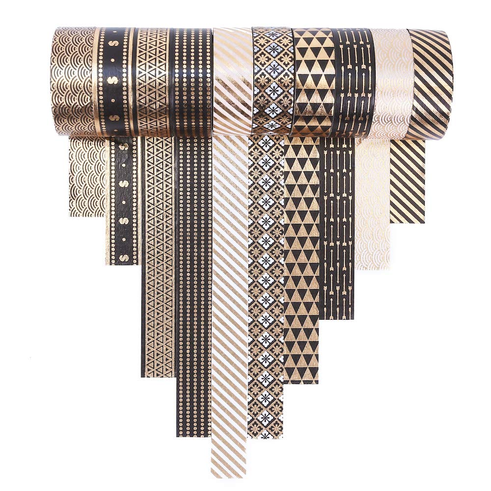 YUBBAEX 10 Rolls Washi Tape Set Black Gold Foil Print Decorative Tapes for Arts, DIY Crafts, Bullet