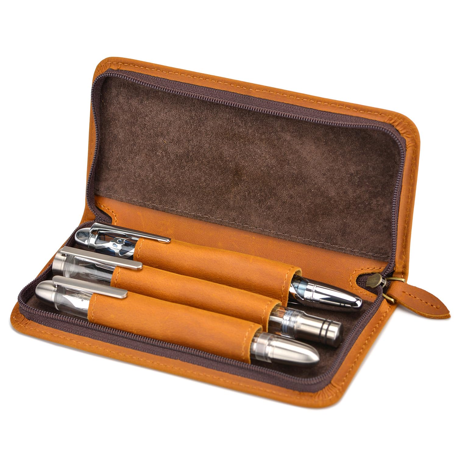 Asvine Fountain Pen Case 3 Divided Slots Crazy Horse Leather Pen Holder, Handmade Display Zippered