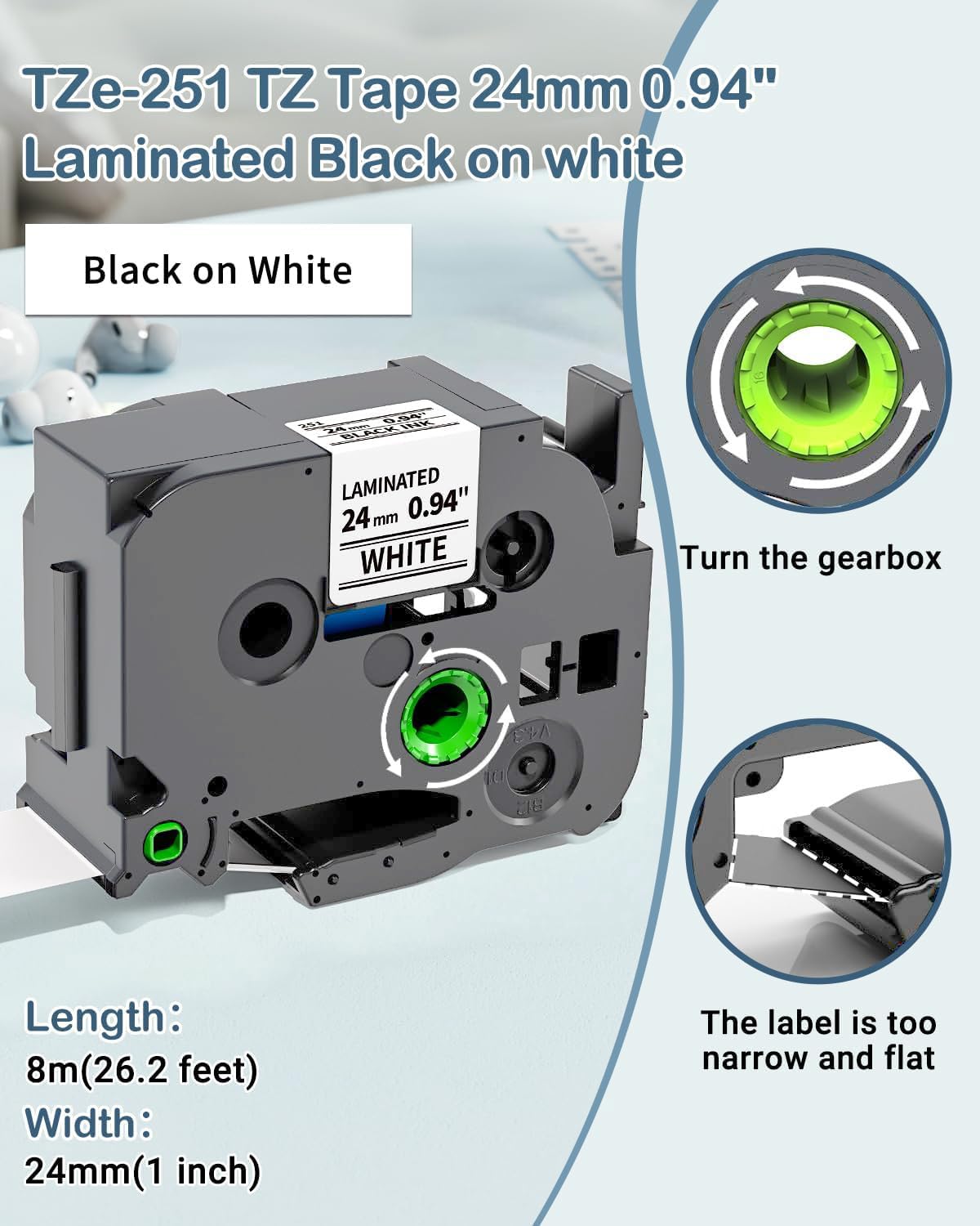 TZ Tape 24mm 0.94 Laminated White Replacement for P-Touch Label Tape