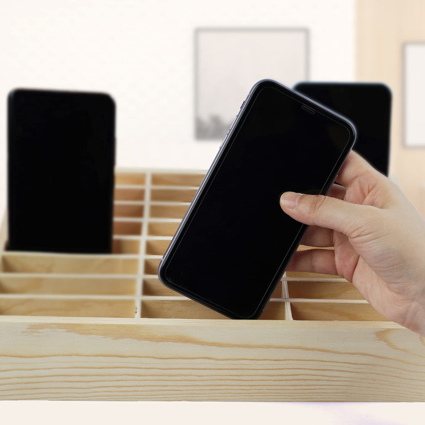 Ozzptuu 24-Grid Wooden Cell Phone Holder Desktop Organizer
