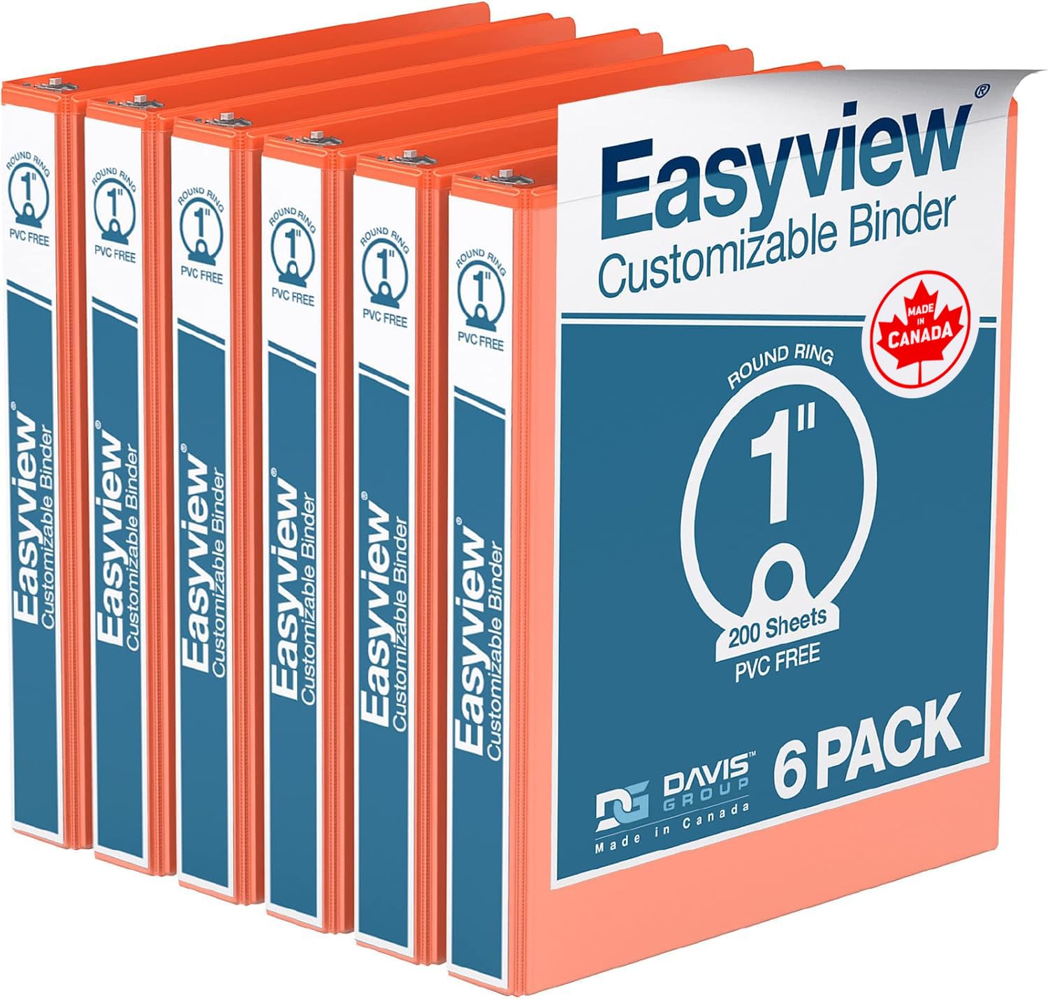 Easyview 3-Ring Binder, Clear-View Cover, 1" Round Rings, Orange, 6 Pack