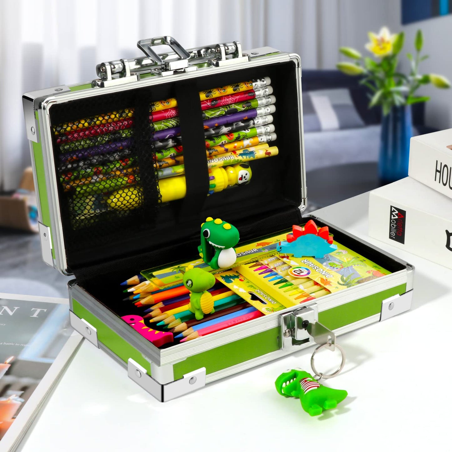 JYPS Dinosaur Pencil Box for Boys & Girls, Lock Box with Portable Handle and Dinosaur Keychain