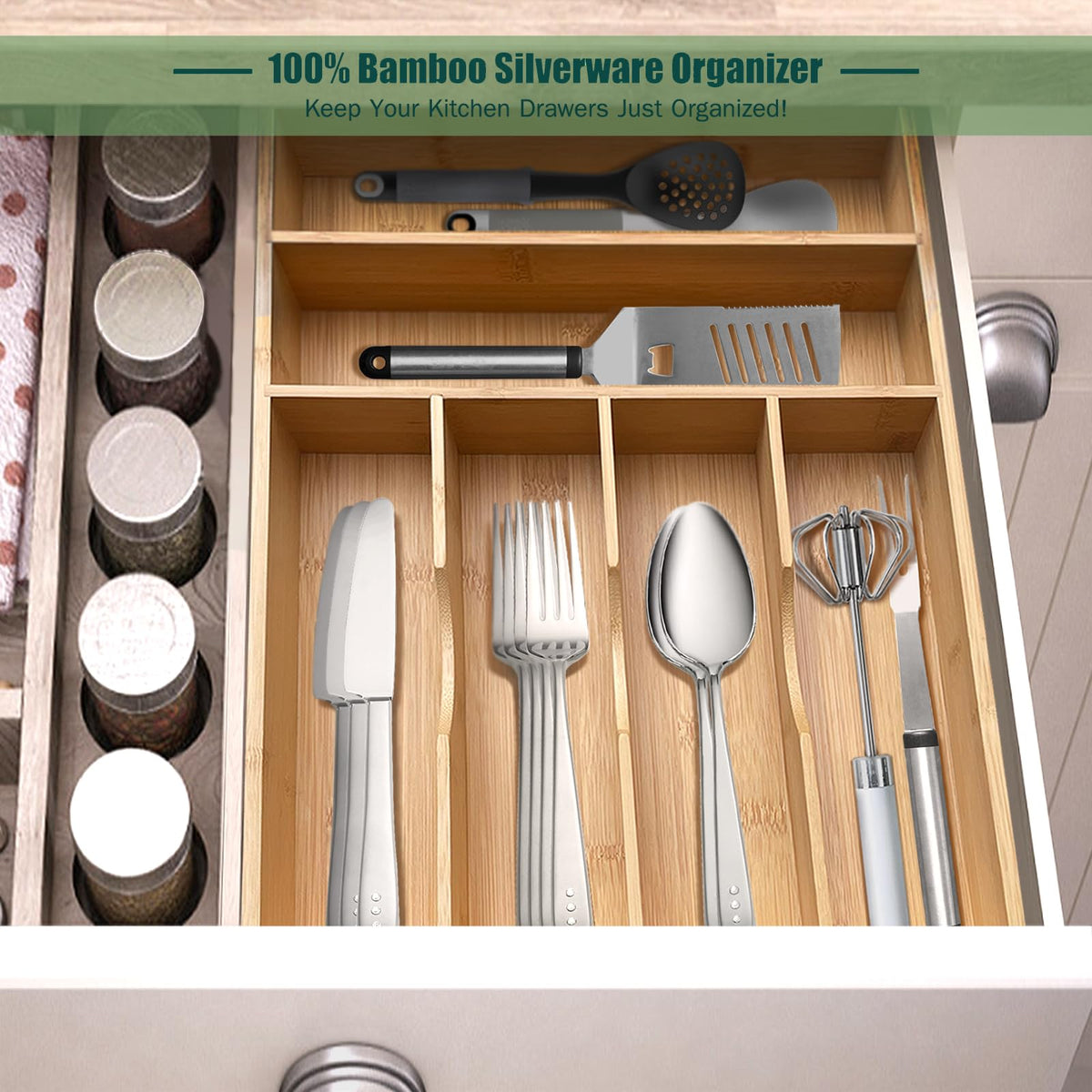 guiogc Bamboo Kitchen Drawer Organizer, 11.6" W x 17" H Silverware Utensil Tray Holder, Wood