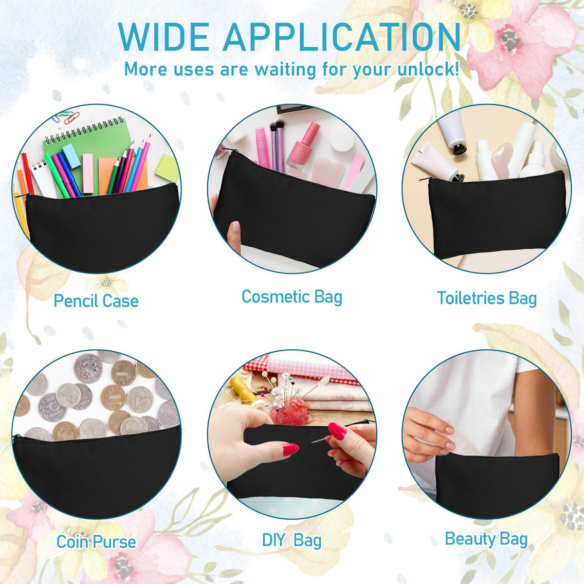 Legigo 20 Pack Blank Canvas Bag Zipper Pouch Makeup Bags Bulk- Black Multi-Purpose Canvas Pencil