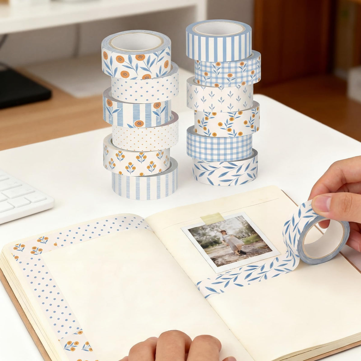 YooNotee 12 Rolls Floral Washi Tape Set,Beige and Blue,Floral Plaid