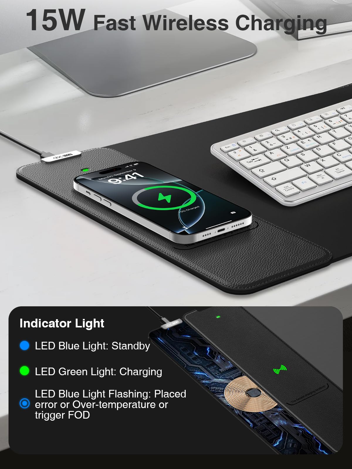 Wireless Charging Mouse Pad, 31.5"x11.8" Large Desk Mat, Smooth Glide