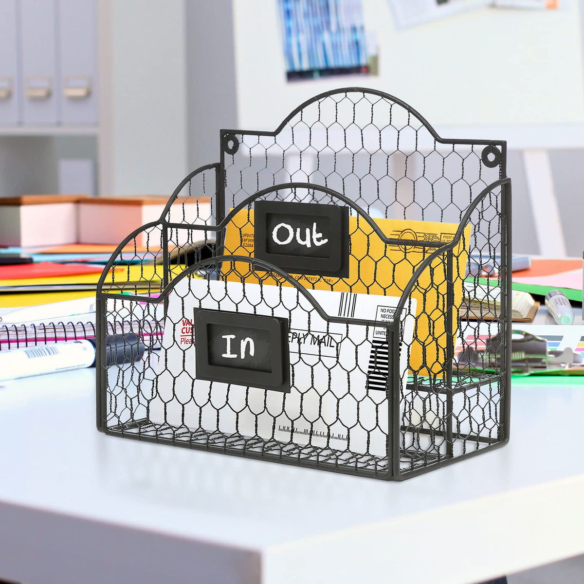 MyGift Black Mail Organizer, 2 Compartment Desk File Holder with Labels